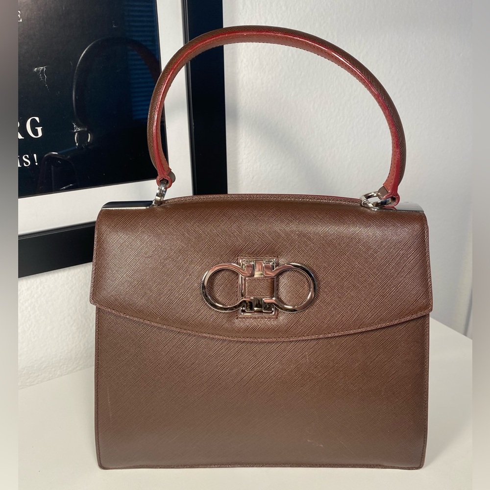 Rare Vintage Salvatore Ferragamo Double Gancini Large Saffiano Leather Bag - Picture 12 of 14